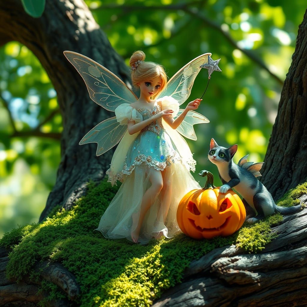 Enchanted Fairy on Mossy Tree Trunk
