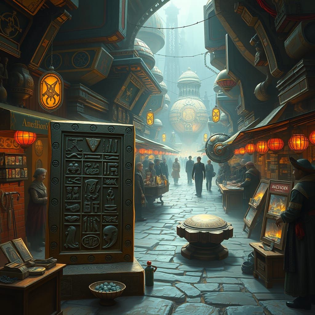 Bustling Market with Alien Artifacts: Hyperrealistic Dreamsc...