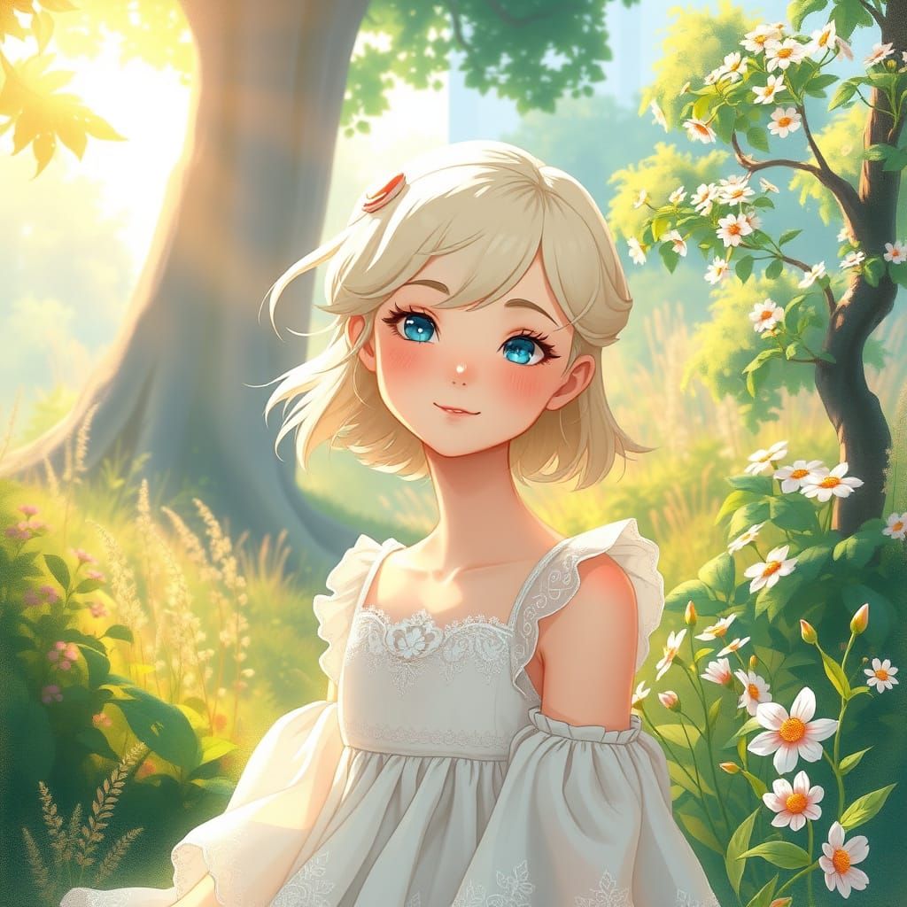 Whimsical Portrait of a Young Girl in a Lush, Vibrant Enviro...