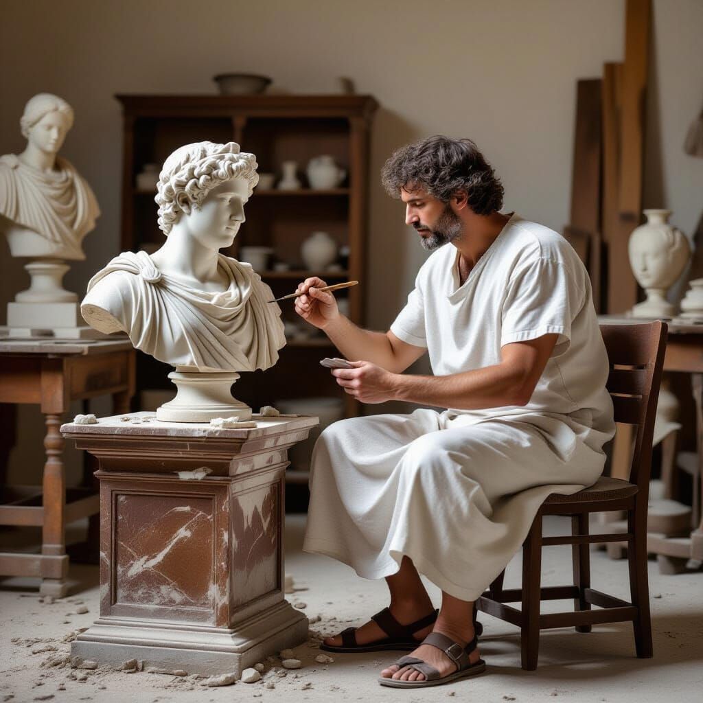 Ancient Roman Sculptor Carving Marble Bust