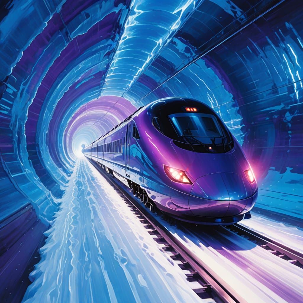 Futuristic Bullet Train in Glowing Ice Tunnel