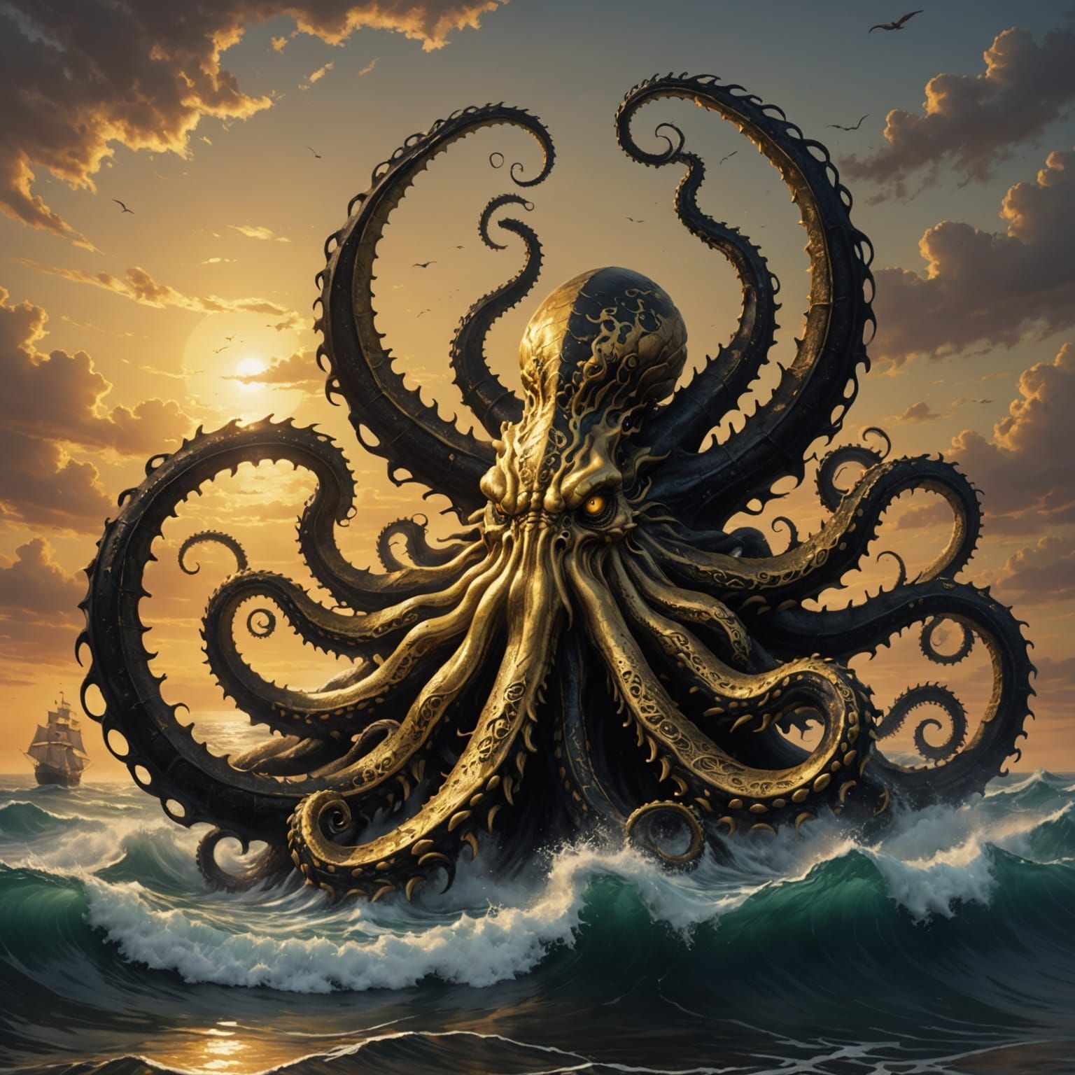 Golden Kraken Rising at Dusk