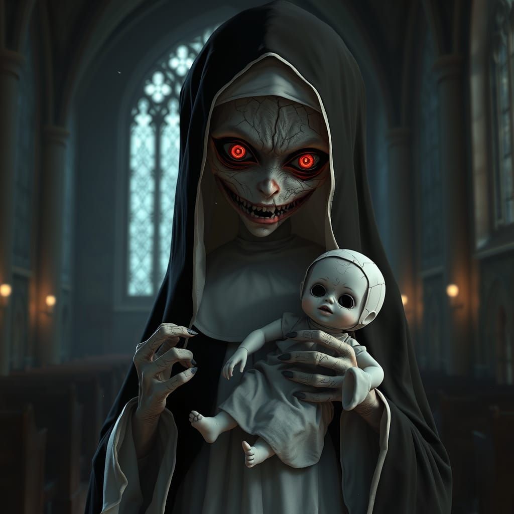 Creepy Nun-abelle With Doll in Gothic Church