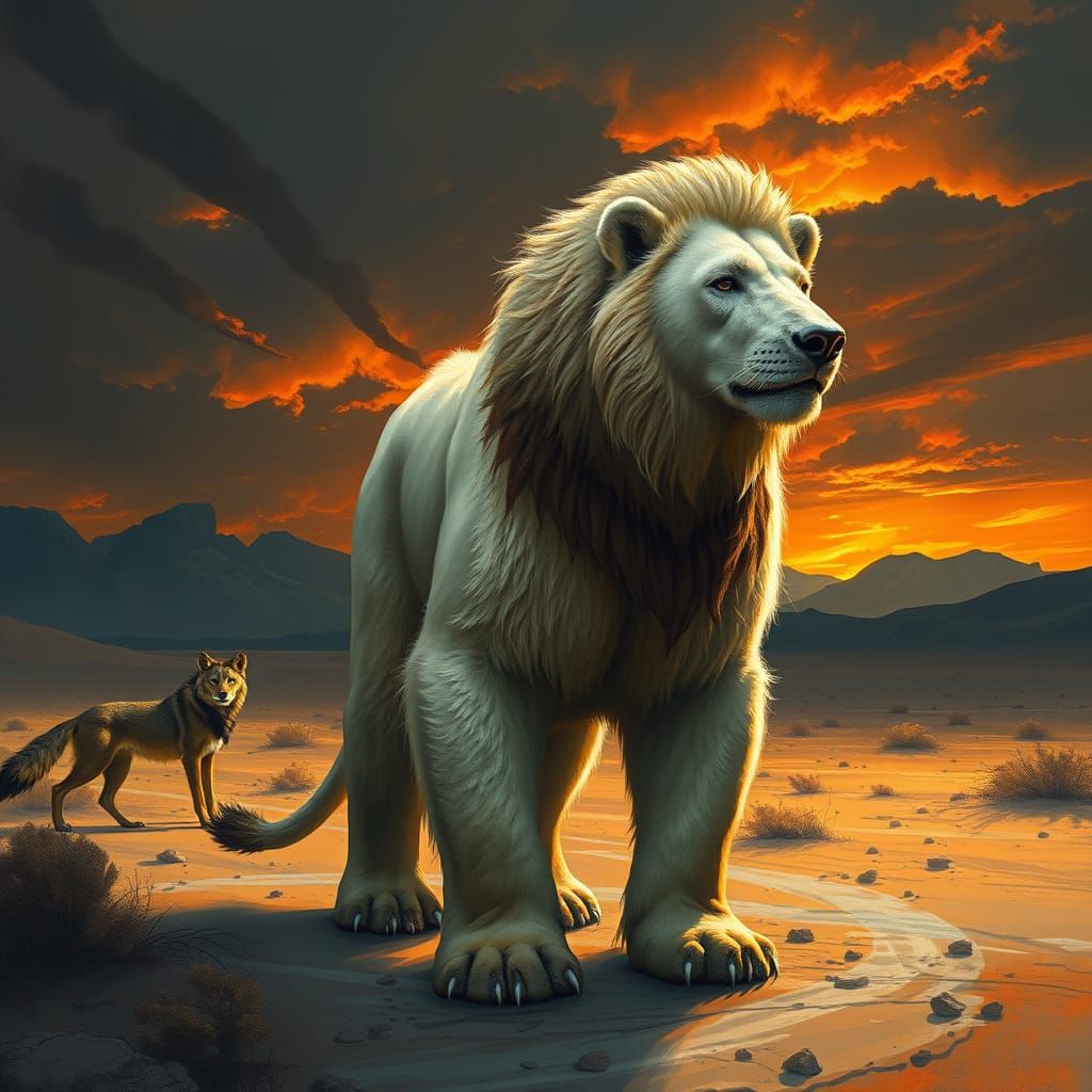 Polar Bear-Lion Hybrid in Desert, Cinematic Style