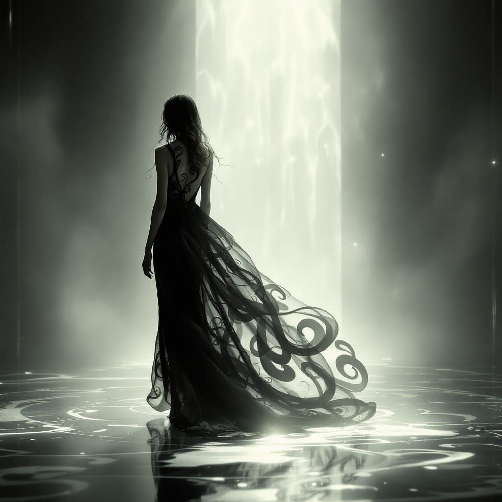 Surreal Figure Dances on Metallic Floor in Dreamlike Atmosph...