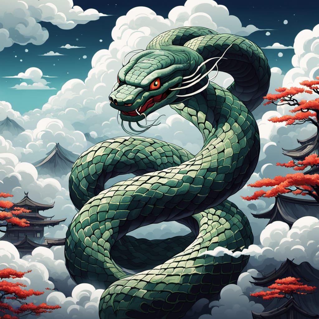 Japanese Mythological Snake Ascends Celestial Realm