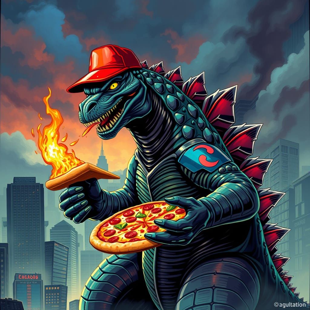 Godzilla Delivers Pizza, Destroying City in Cyberpunk Style