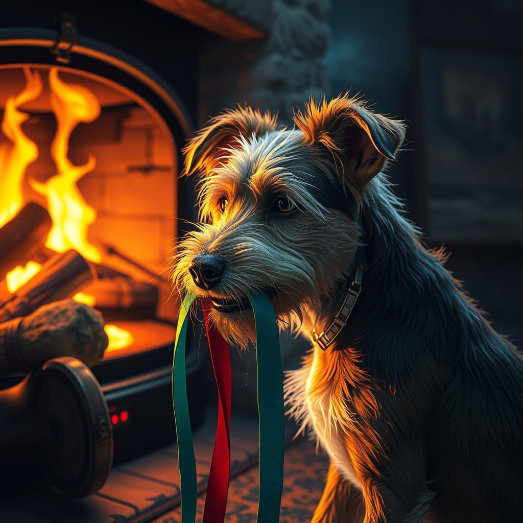 Joyful Terrier Mix Chews on Ribbon by Warm Fireplace