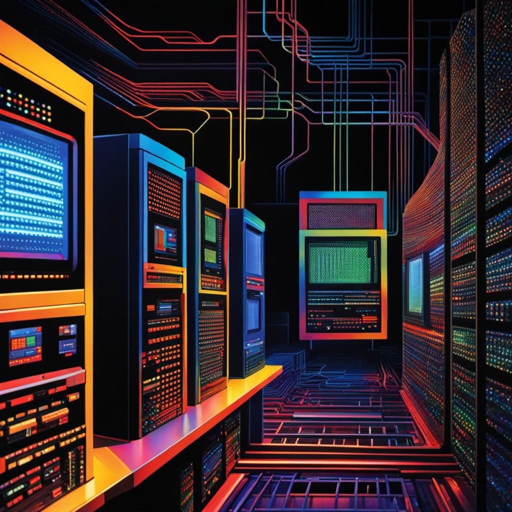 A network of computers in the 1960s datacenter