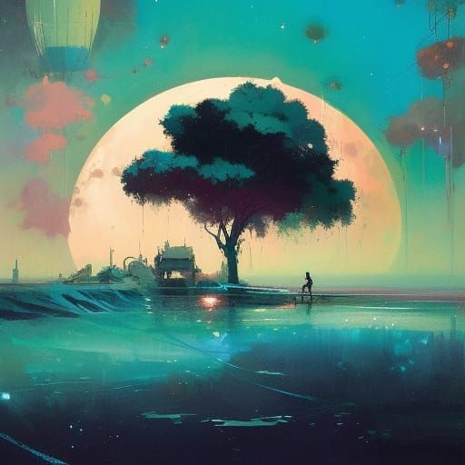 Giant Teal Wave Before Luminous Moon