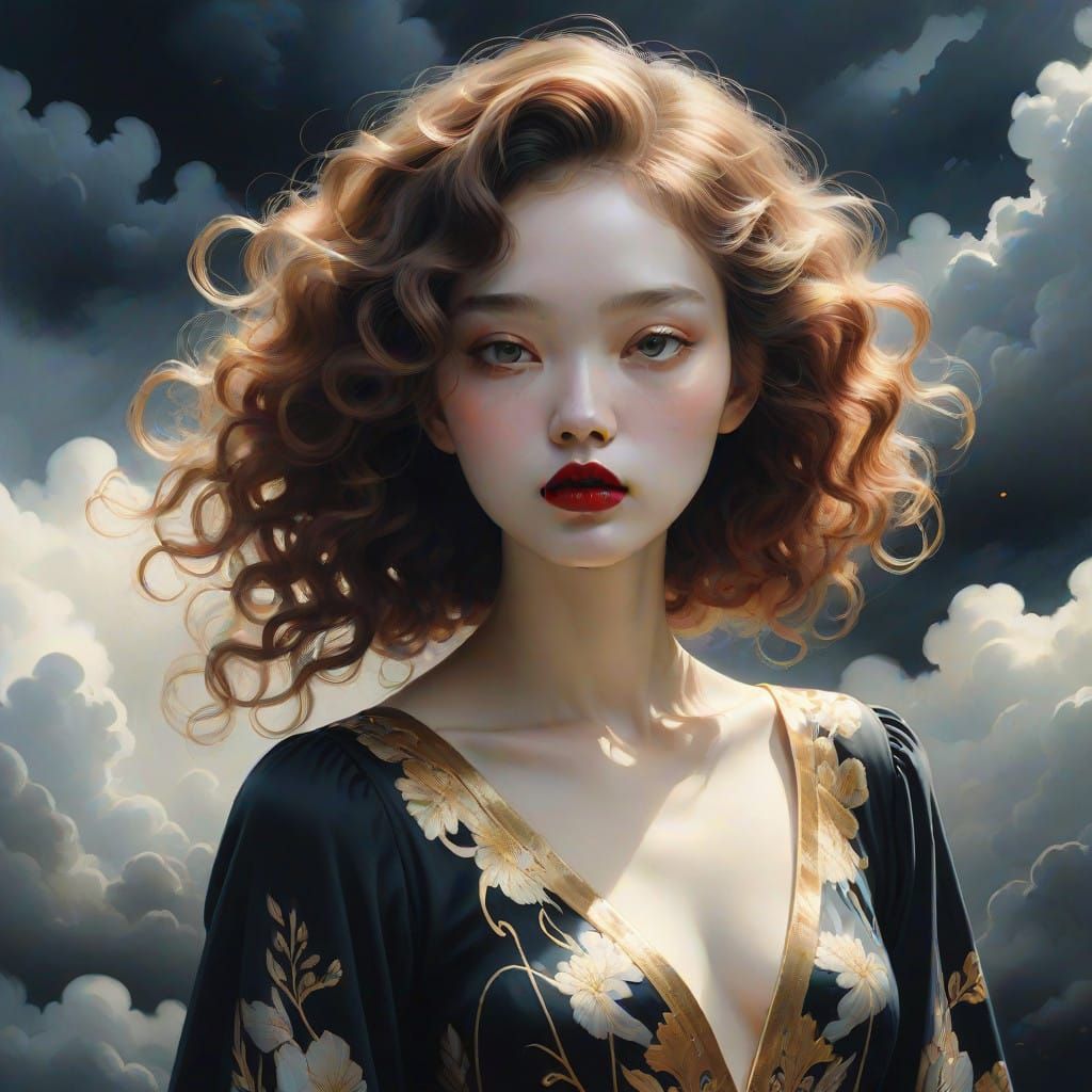 Ethereal Young Girl in Black Dress Embracing Divine Light