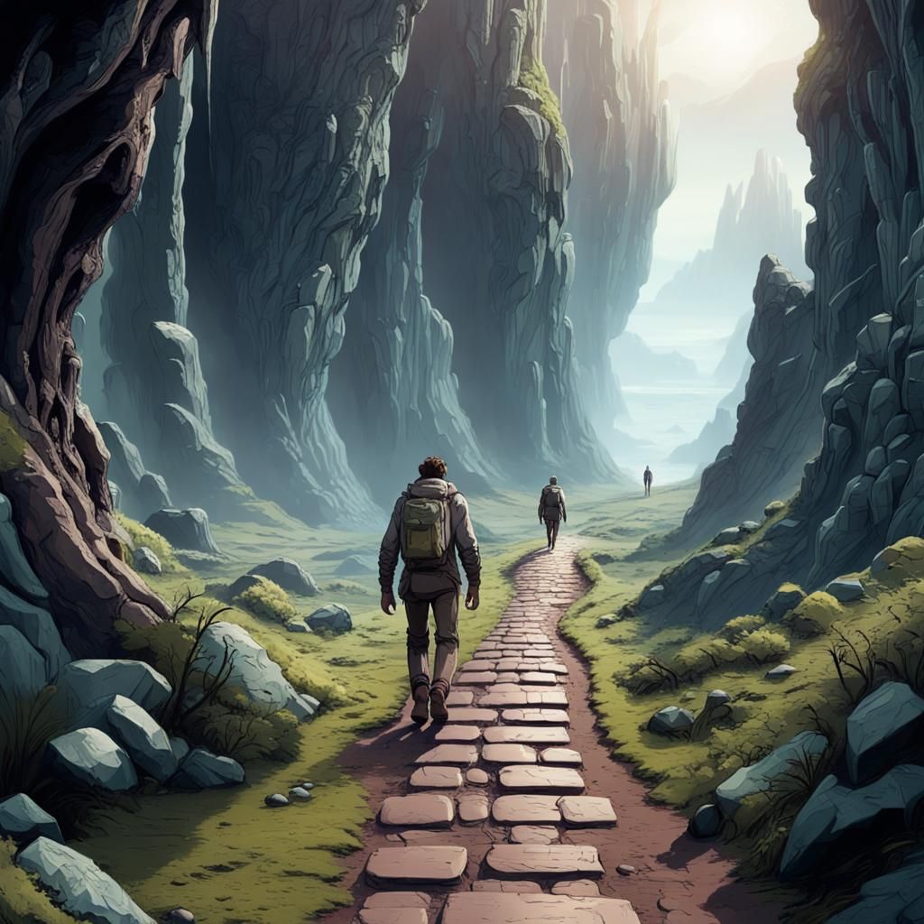 walking on path character, Sci-fi cinematic fantasy backgrou...
