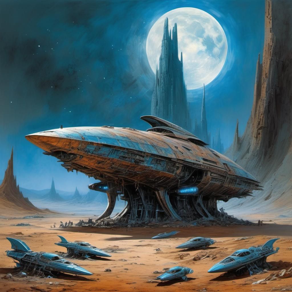 Extraterrestrial Starship Graveyard in Ancient Art Style
