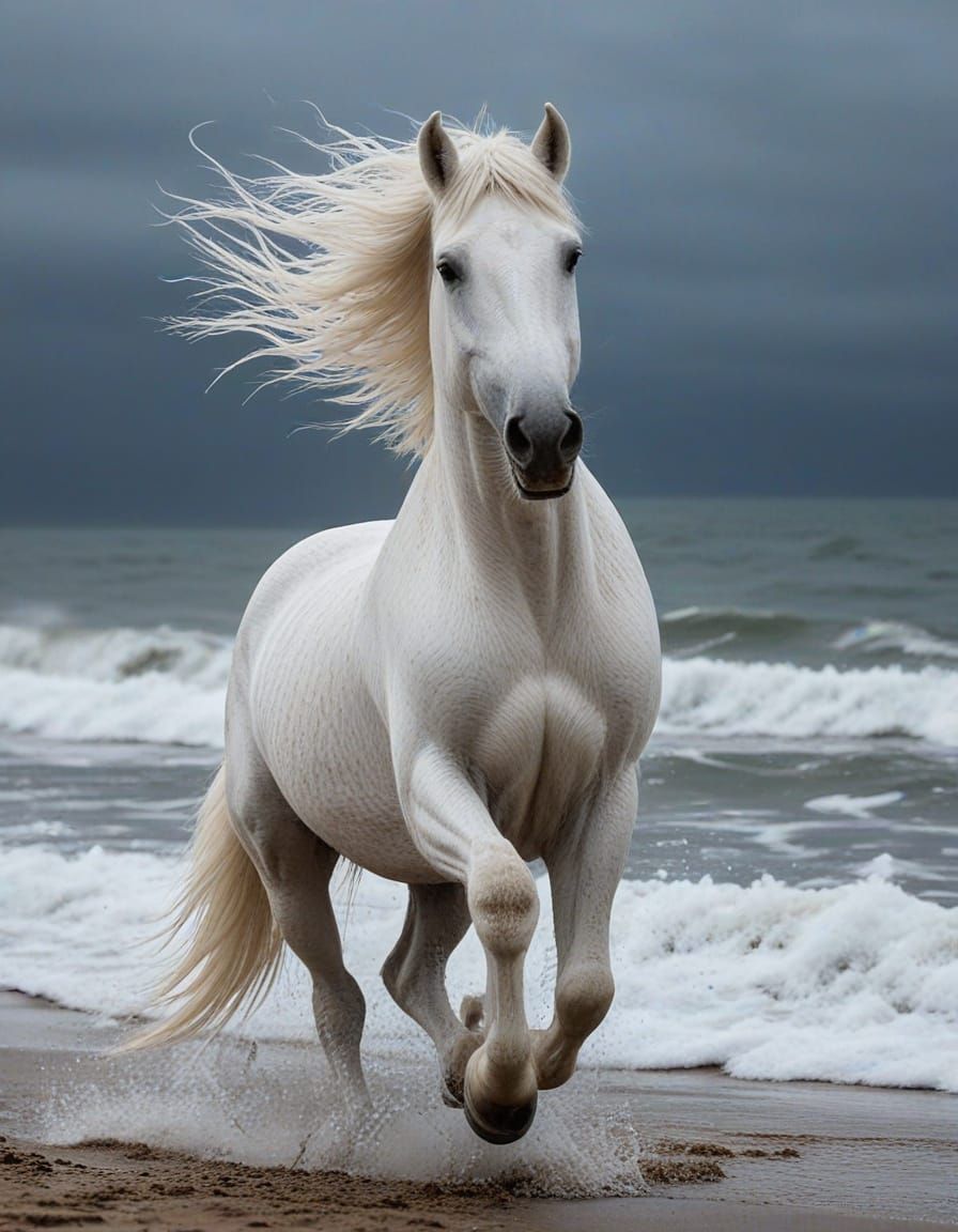 Majestic White Horse in Midnight Gallop, Black and White