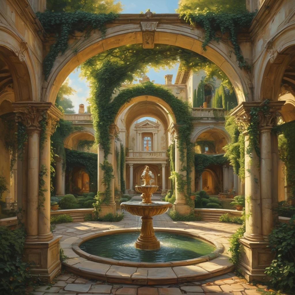 Baroque Mansion in Golden Light: Neoclassical Oil Painting