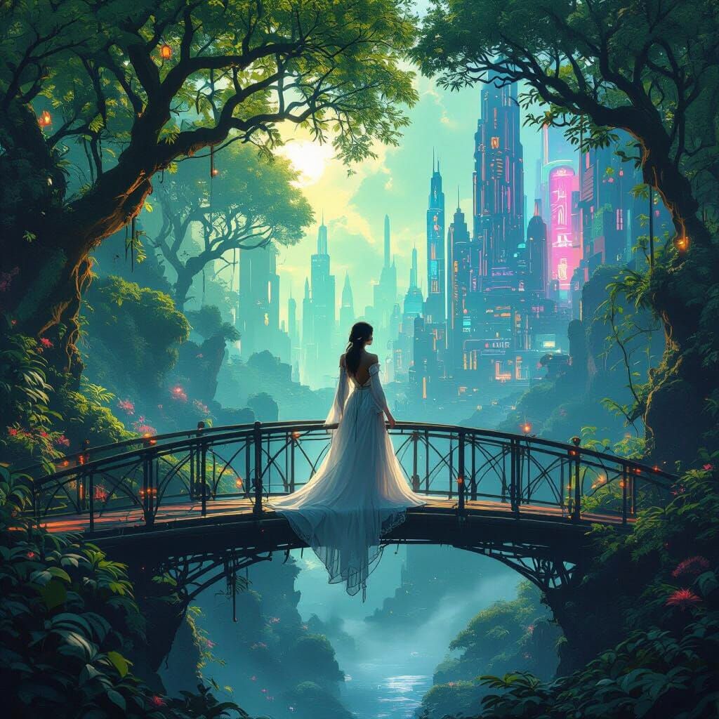 Mystical Bridge Between Worlds in Cyberpunk Style