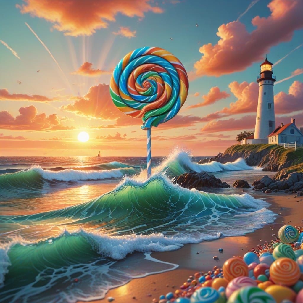Vibrant Sunset on the Sea, Framed by a Whimsical Lollipop