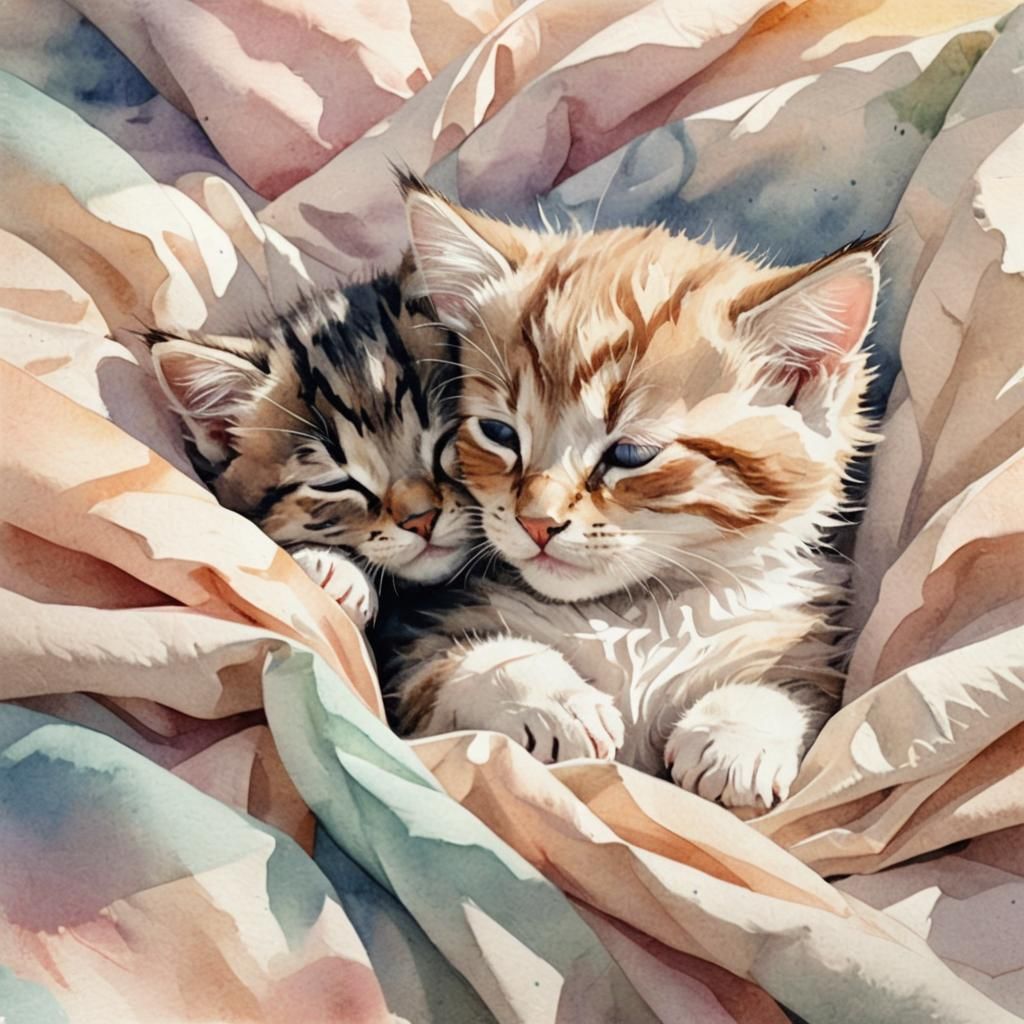 Sleeping Kittens on Paper Fold in Kawaii Style
