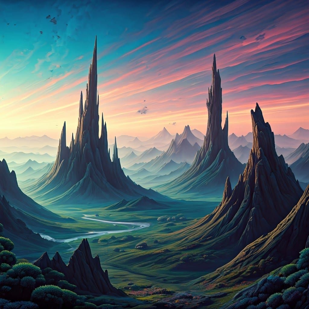 Surreal Landscape with Spires in Matte Painting Style