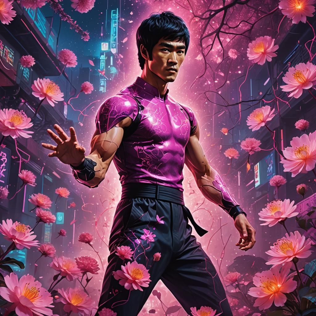 Bruce Lee in Cyberpunk Galaxy of Flowers