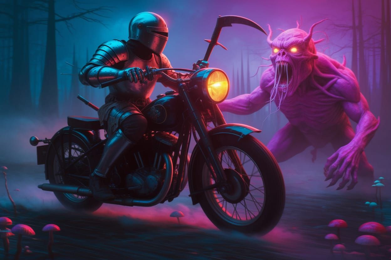 Knight Rides Motorcycle vs Swamp Monster in Fluorescent Glow