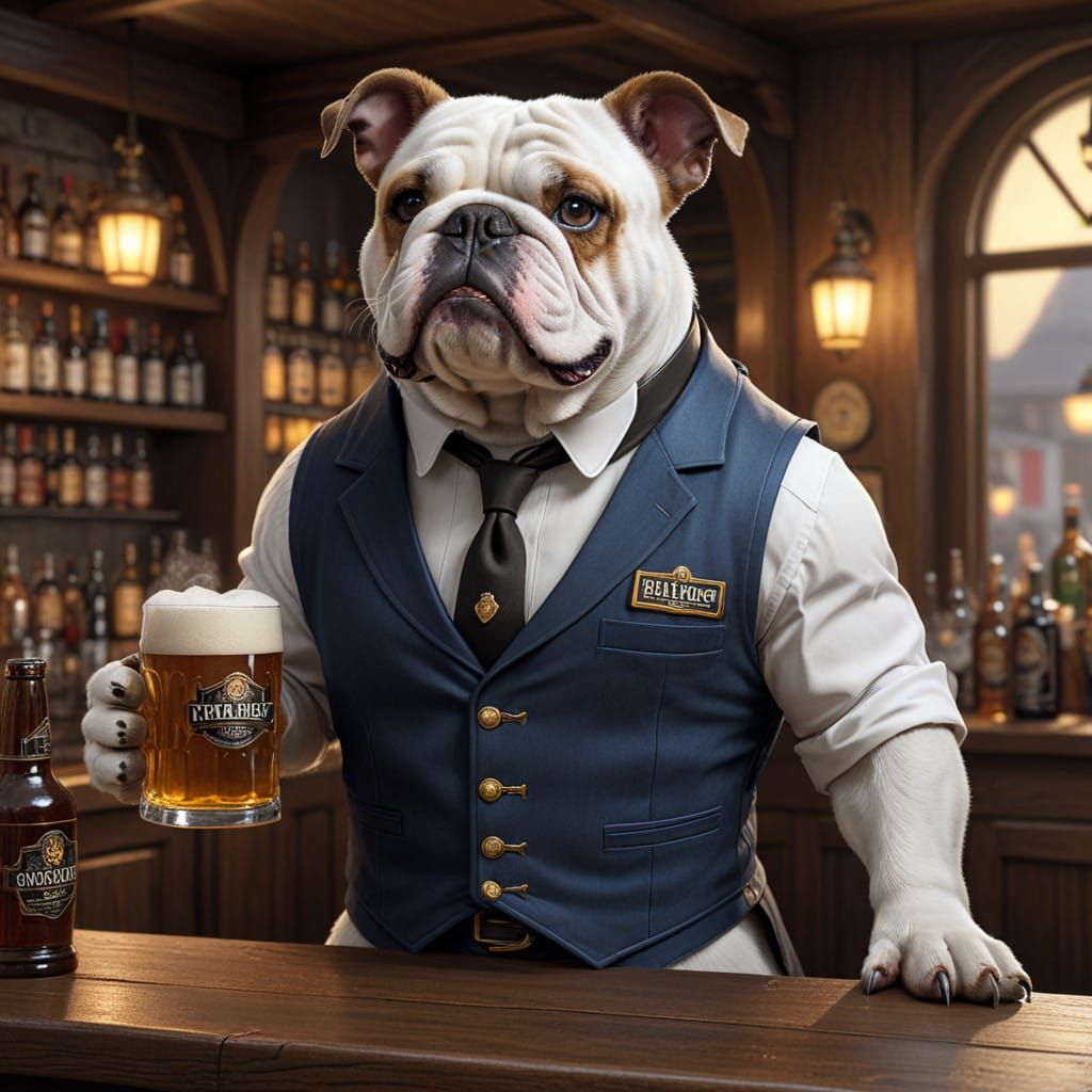 Barkeep Bulldog Serves Beer in a Sports Bar