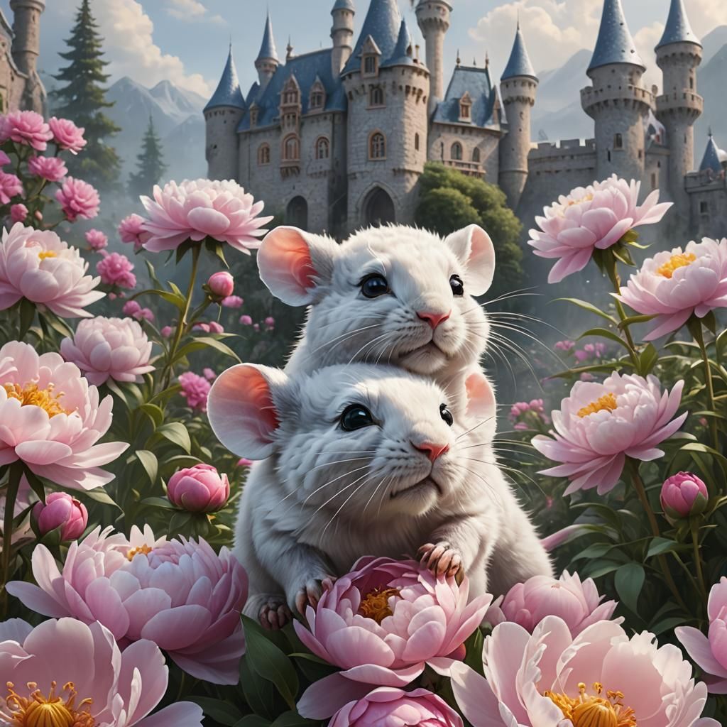 Silver Mouse in Peony Garden with Castle