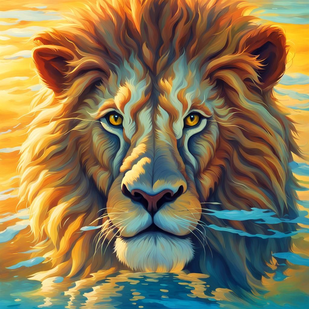Lion Boy Floating Above Water in Oil Painting Style