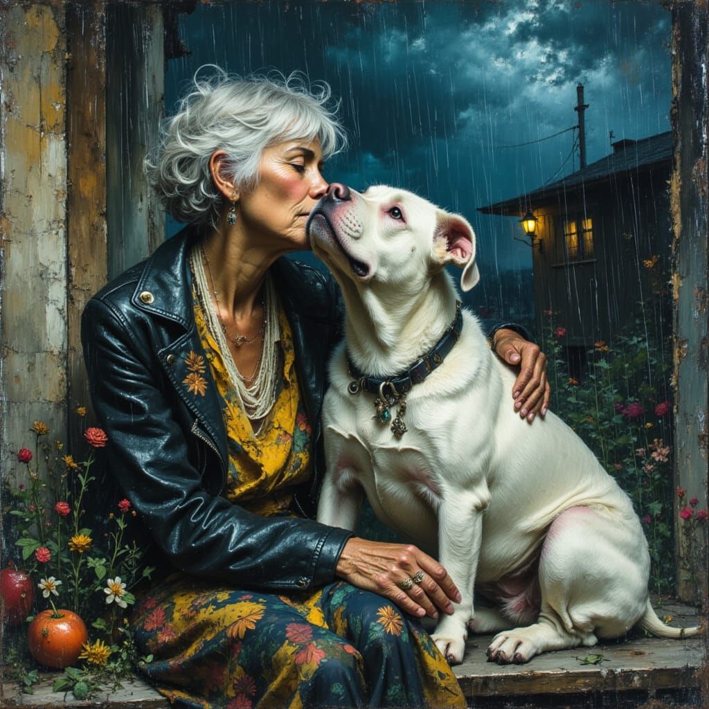 Woman and Pit Bull Watch Storm on Porch