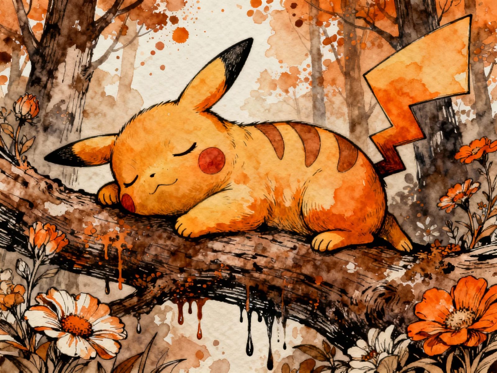 Cute Pikachu Sleeping on Tree Branch, Watercolor Style