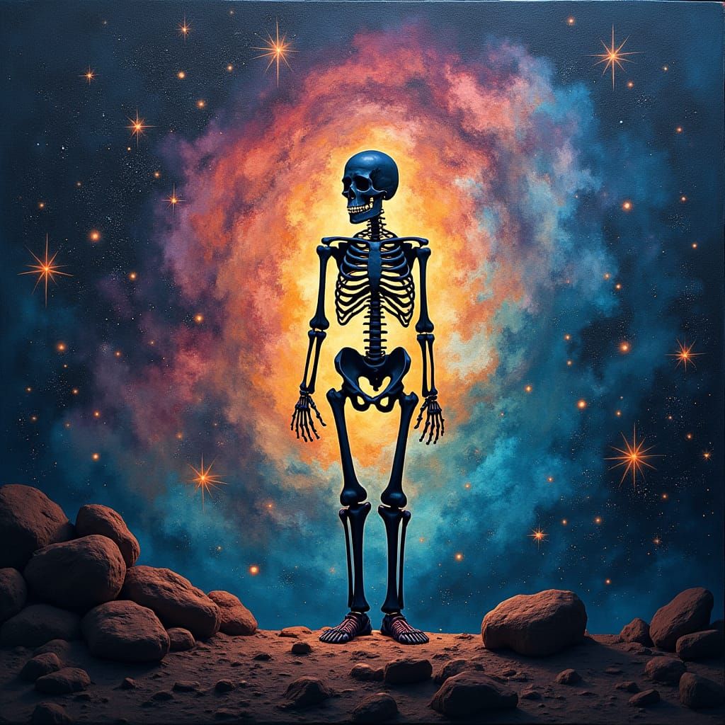 Skeleton Silhouette Inlaid in Stars as Impressionist Paintin...