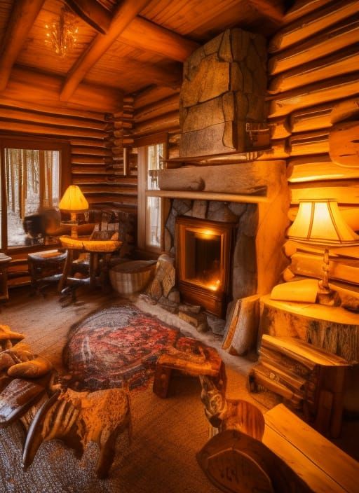 Cozy Log Cabin Interior with Warm Lighting