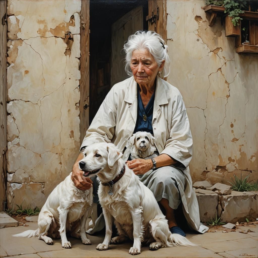 Elderly Woman's Affectionate Embrace with White Dog
