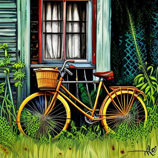 Abandoned Yellow Bicycle Overgrown with Weeds
