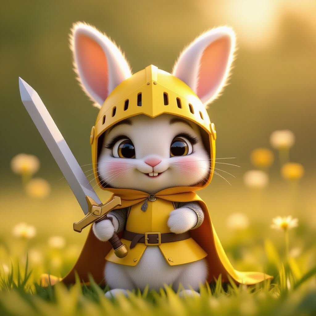 Adorable Baby Rabbit Knight in Cardboard Armor