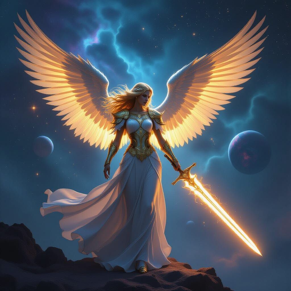 Celestial Angel With Glowing Sword in Cosmic Nebula