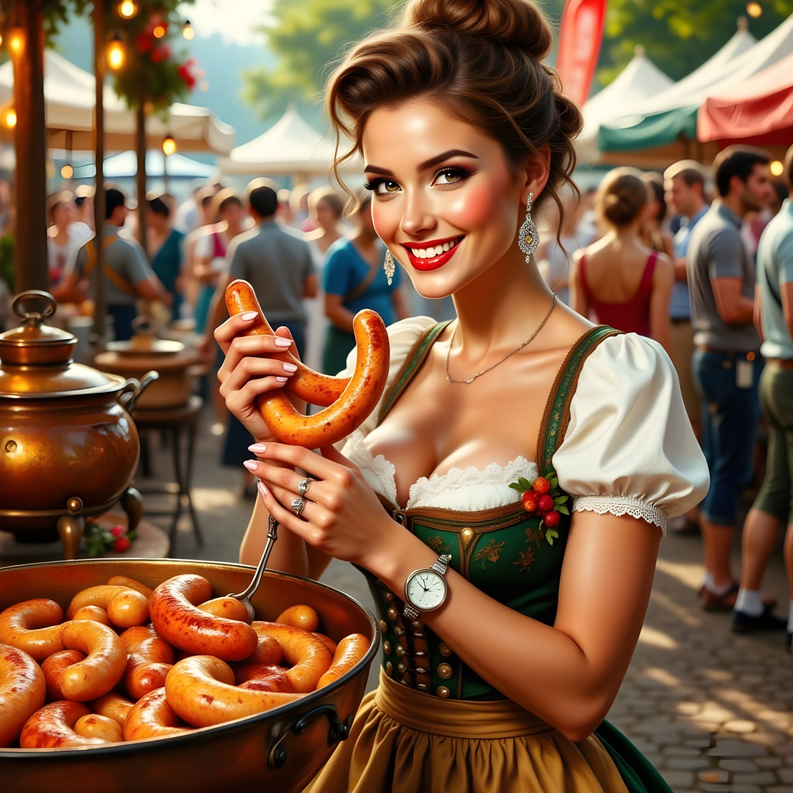 Sultry Bavarian Woman Serves Sizzling Sausages