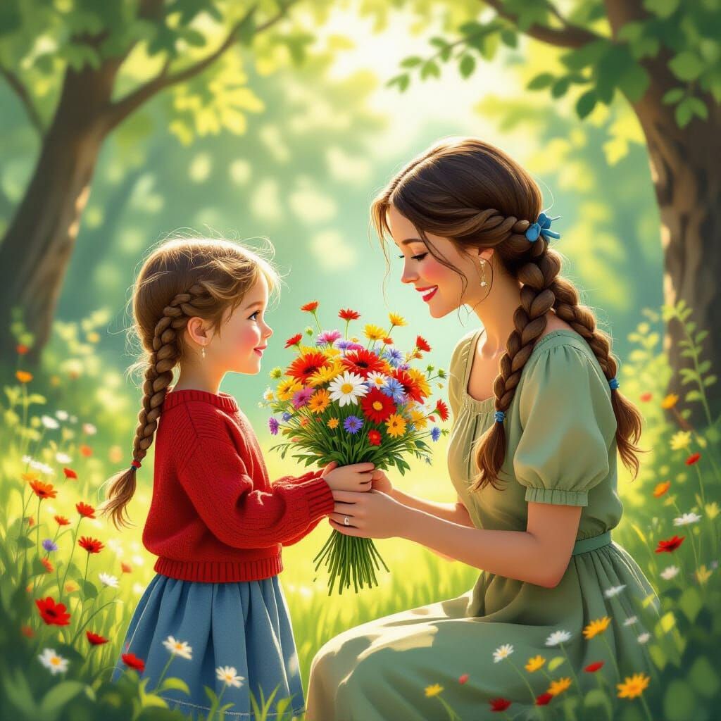 Girl Gifts Wildflowers to Smiling Mother in Forest Clearing