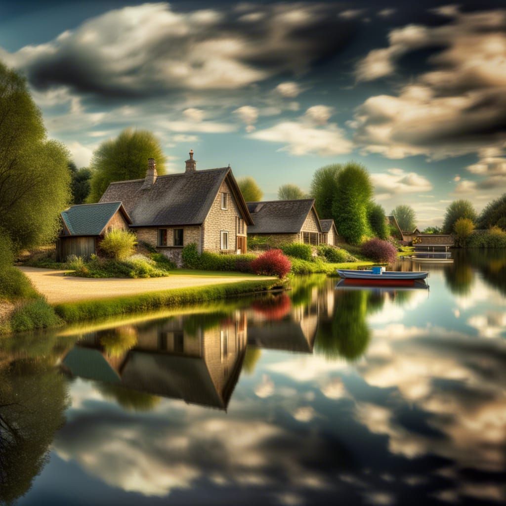 Tranquil Lakeside Village Reflecting in Calm Waters