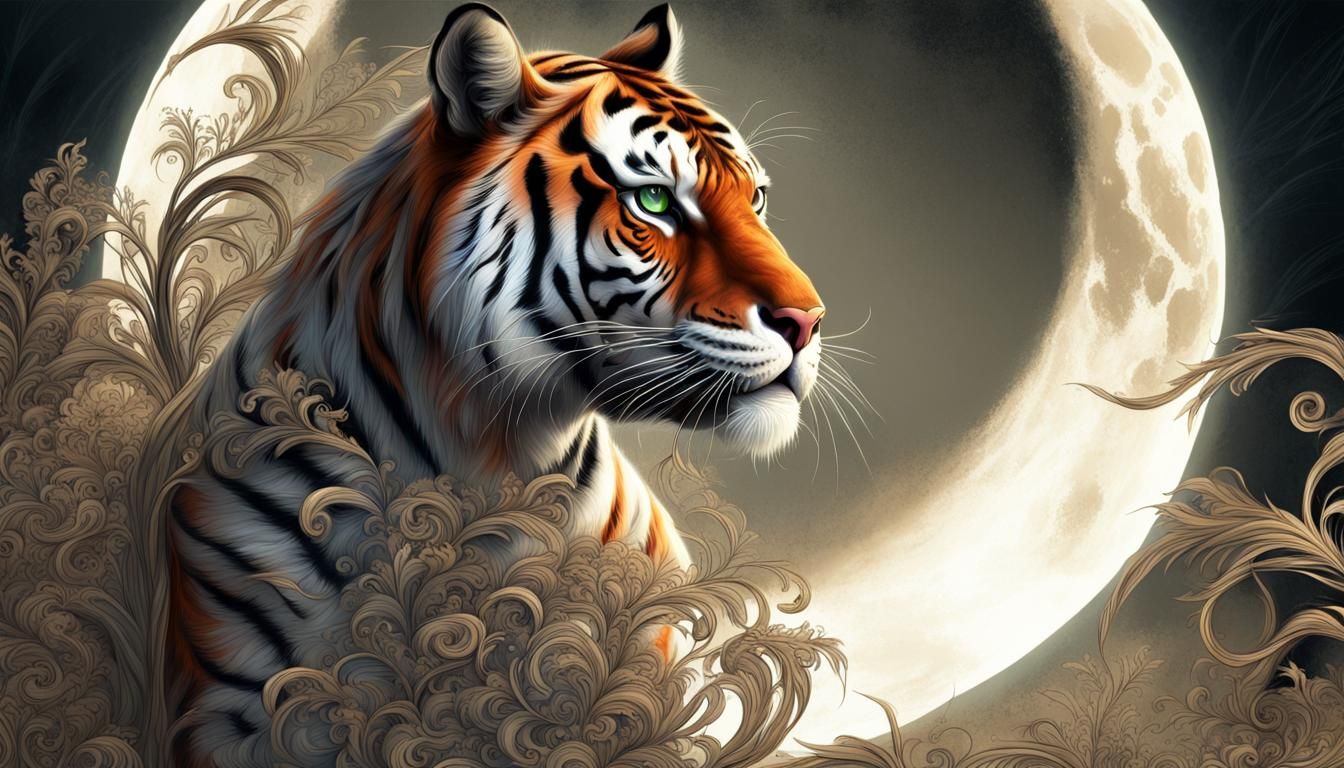 Woman and Tiger Under Moonlight, Digital Art