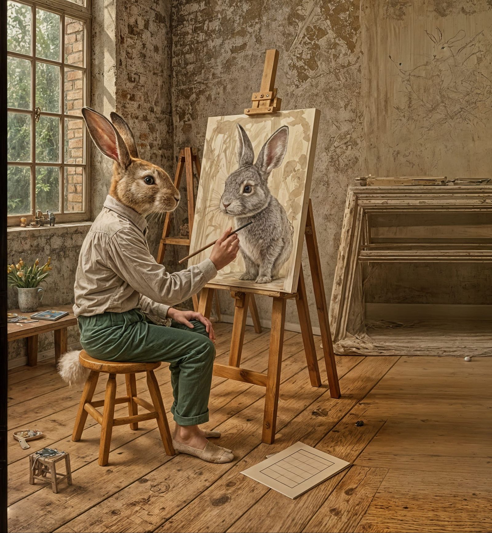 Whimsical Rabbit Artist Painting a Self-Portrait