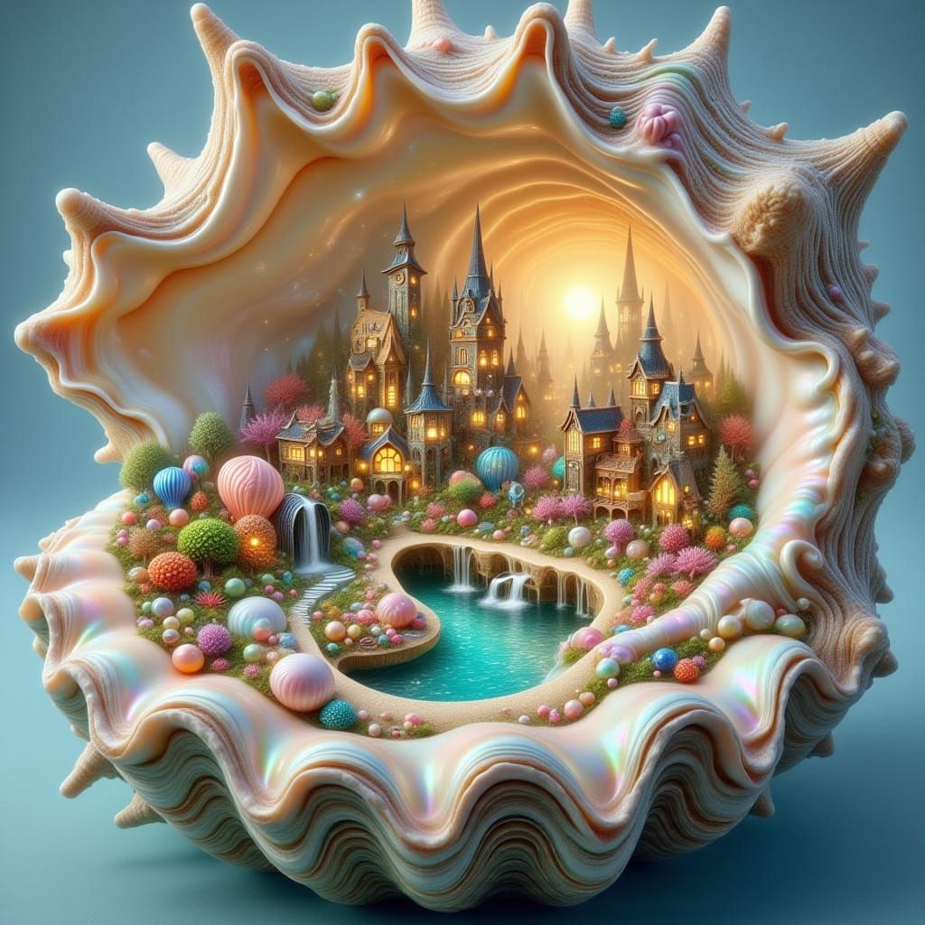 Whimsical City Inside Iridescent Seashell