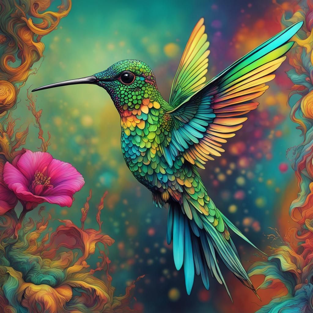 Psychedelic Hummingbird in Vibrant Rainbow Colors