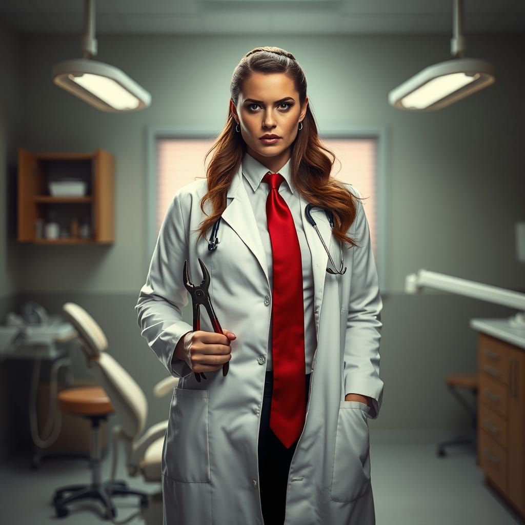 Confident Female Dentist in Clinic, Cinematic Style