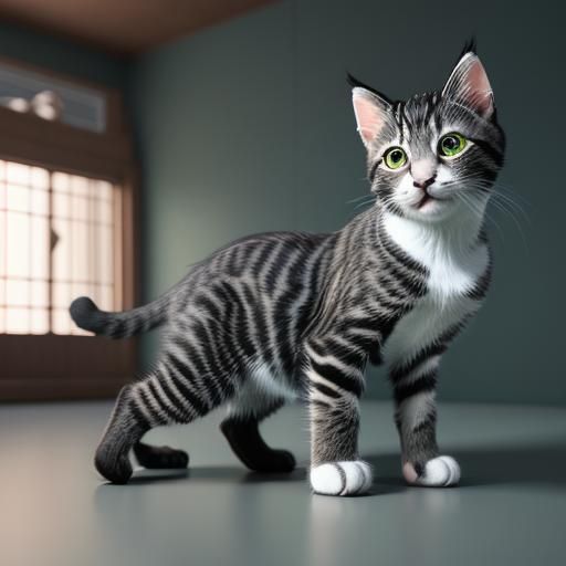 Cute Kitten Plays with Momma Cat: 3D Anime Art