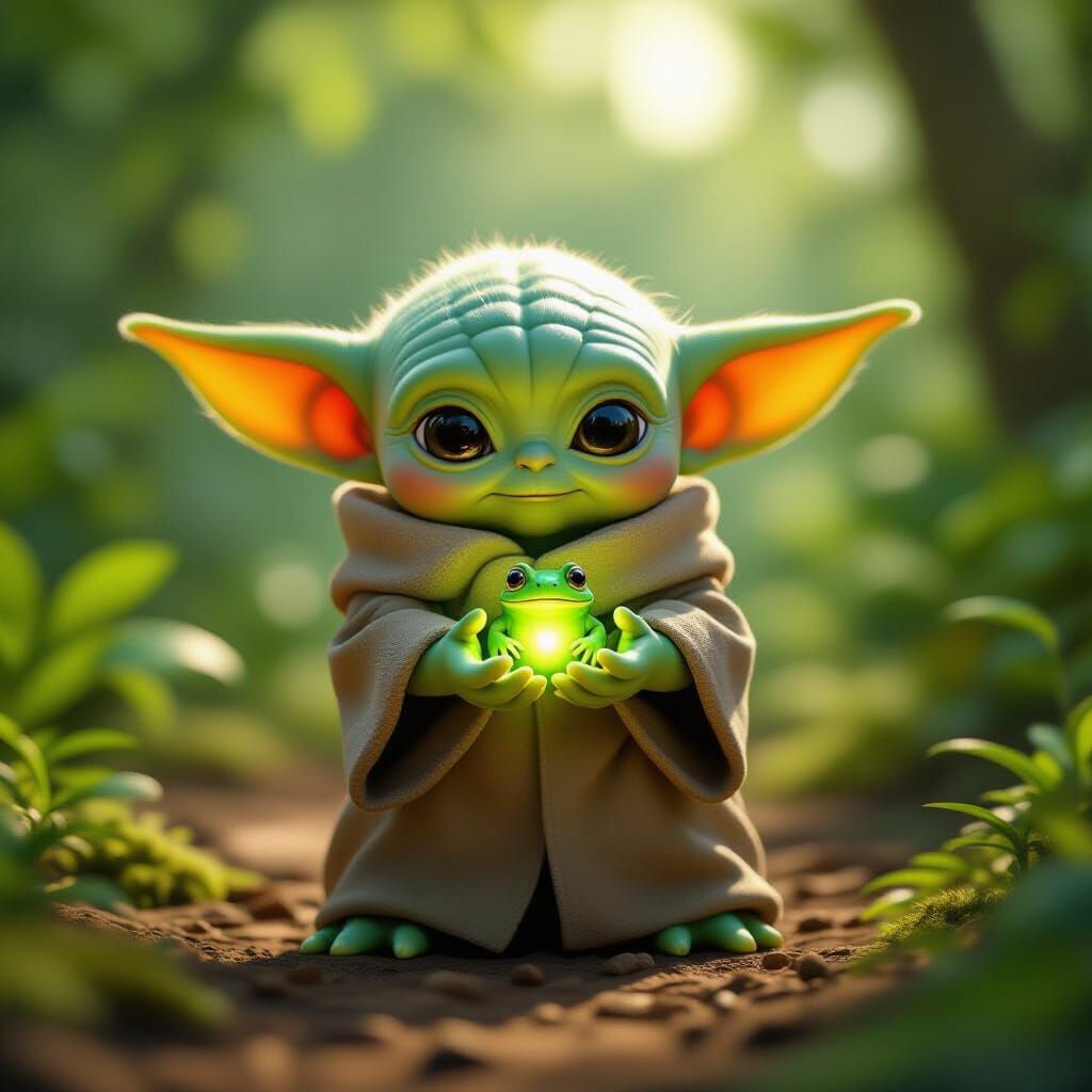 Baby Yoda Uses Force to Lift Frog in Detailed 3D Render