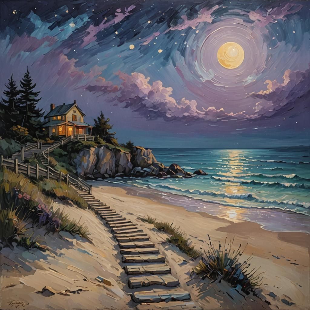 Moonlit Beach Staircase: Oil Painting in Van Gogh Style