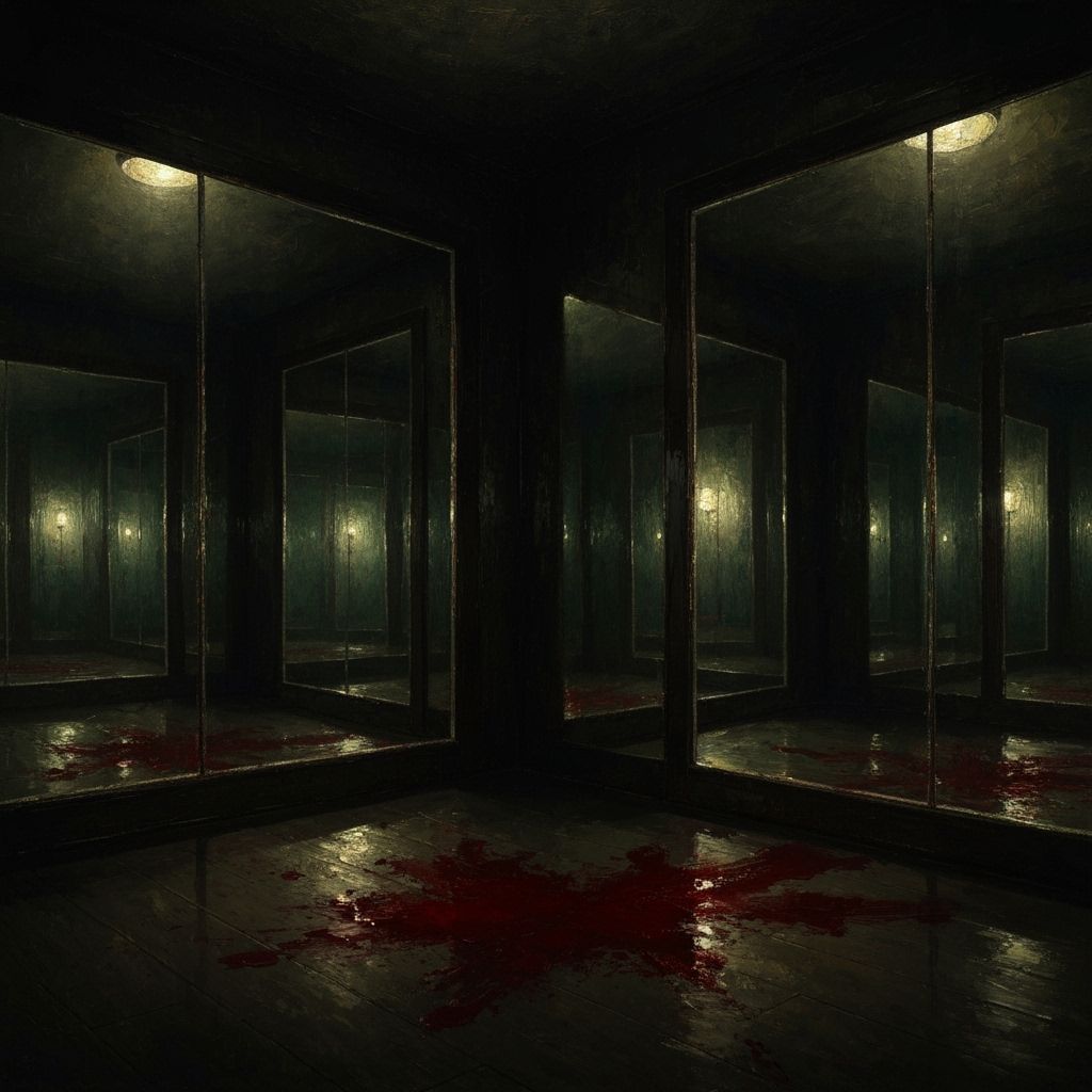 Haunting Oil Painting of a Bloody Mirror Room