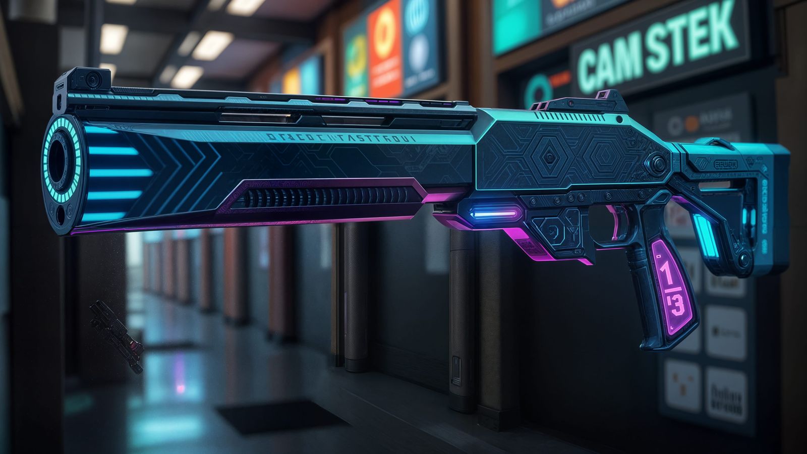 Cyberpunk Shotgun in Neon-Lit Urban Environment