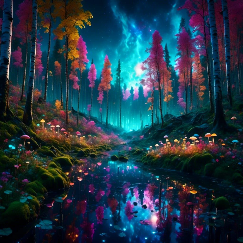 Bioluminescent Forest Under Galaxy Sky